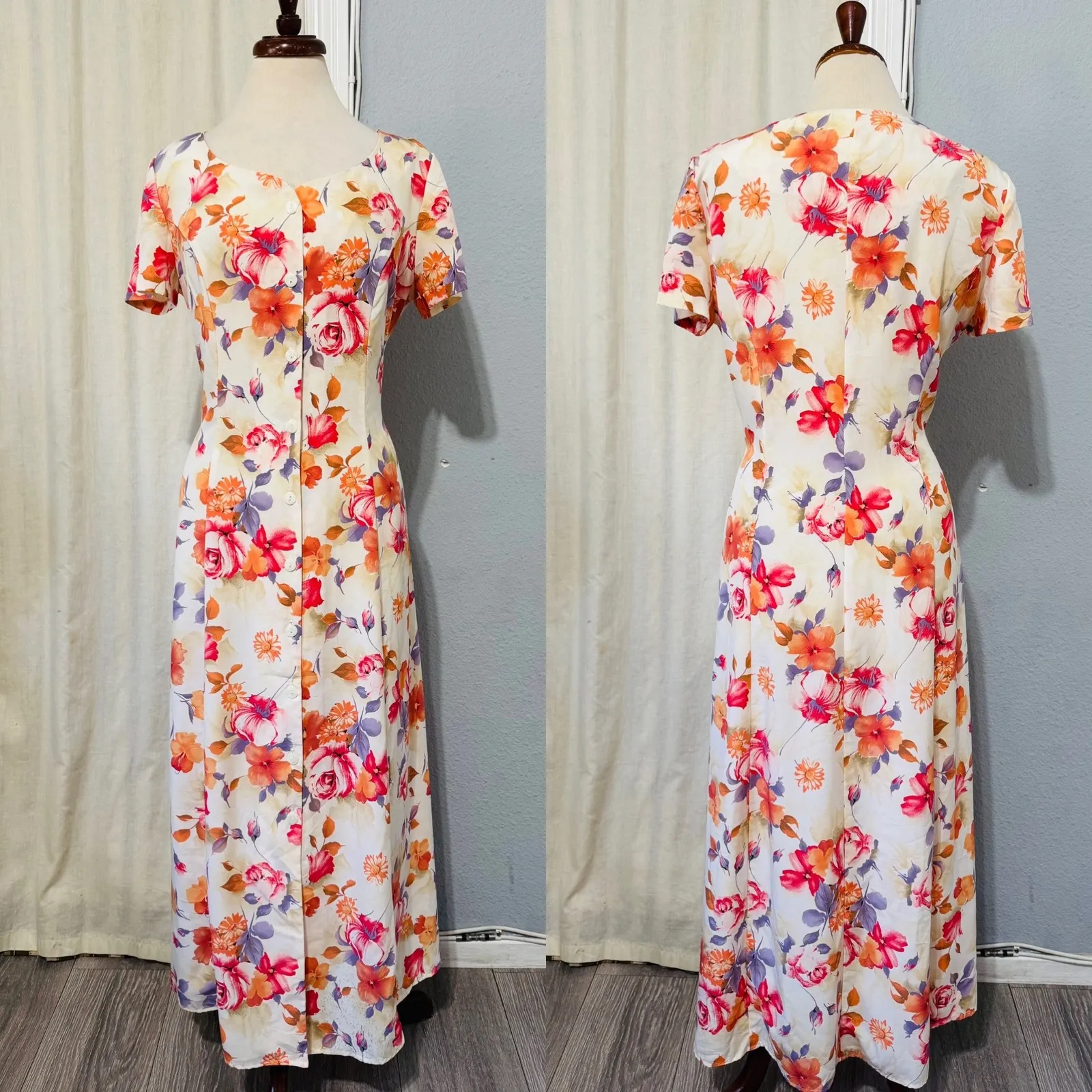 Vintage 90s Renzo Armoni Floral Button Front Maxi Unlined Dress Women Size 12 White - Image 2