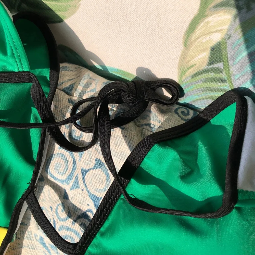 Island Wear Striped one piece halter swimsuit green yellow red XL - Image 3