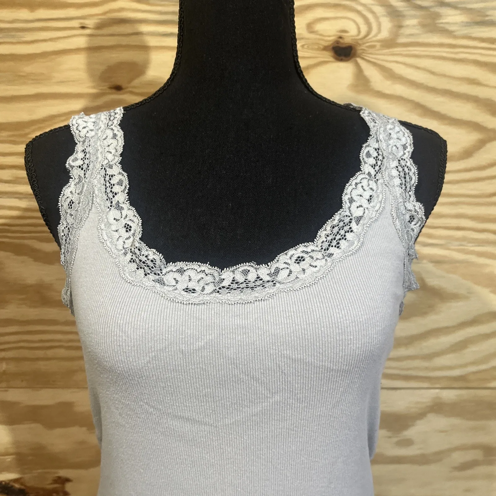 Faded Glory Y2K Cami Tank Top Lace Trim Large Gray Ribbed Fairy Grunge Coquette - Image 4