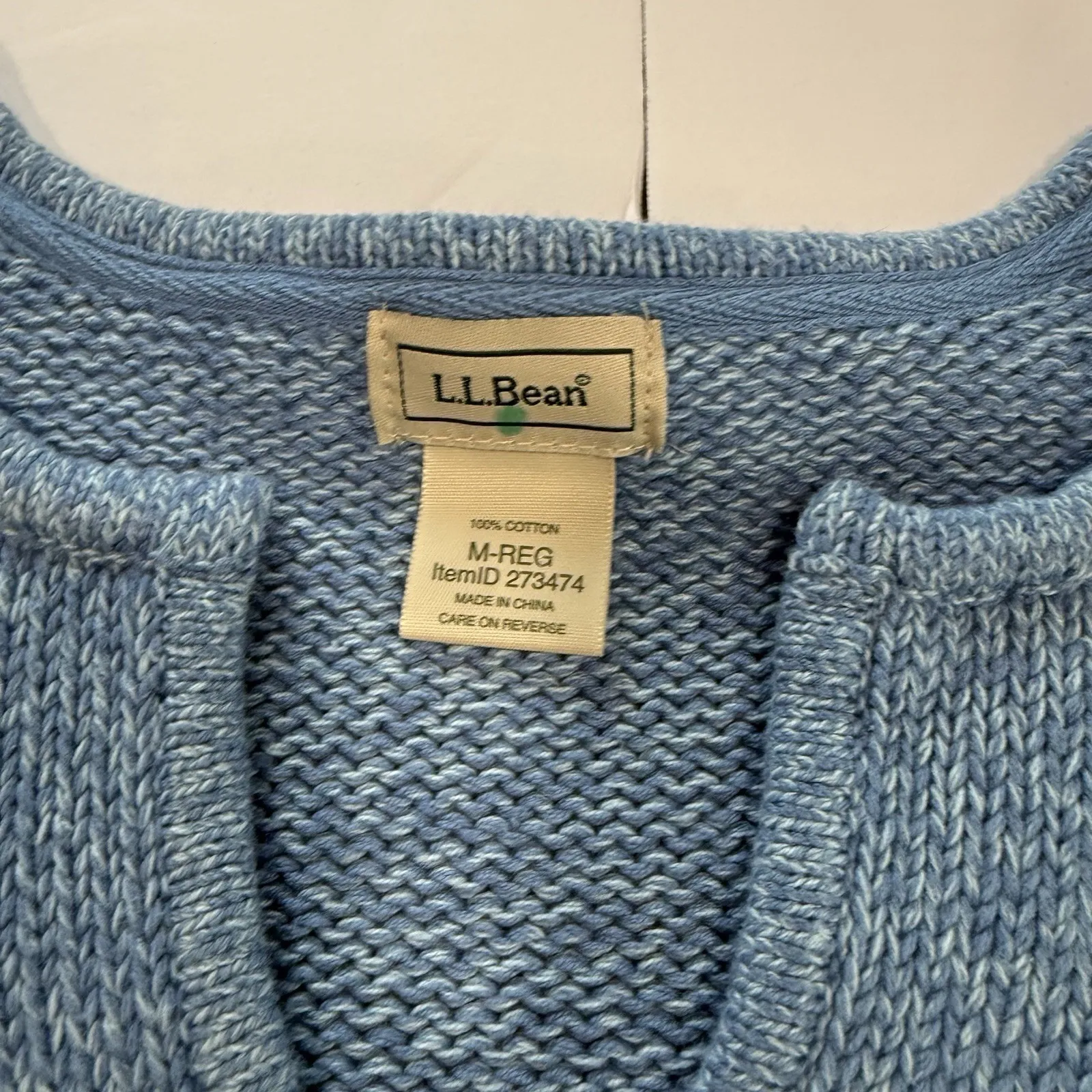 Vintage LL Bean Blue Marled Chunky Cotton‎ Notch Neck Pullover Sweater MEDIUM - Image 9