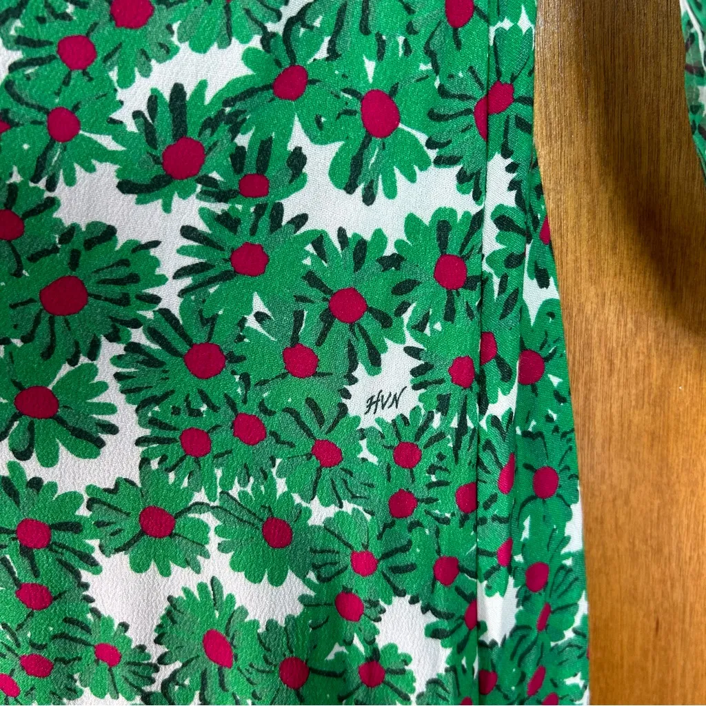 HVN Matilda Appliqued Floral Print Voile Silk Chiffon Midi Dress Green Size 6 - Image 7