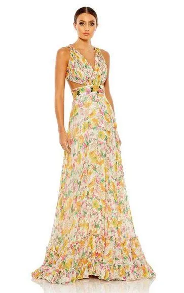 MAC DUGGAL Nude Multi Floral Print Cut Out Lace Tiered Gown - Image 1
