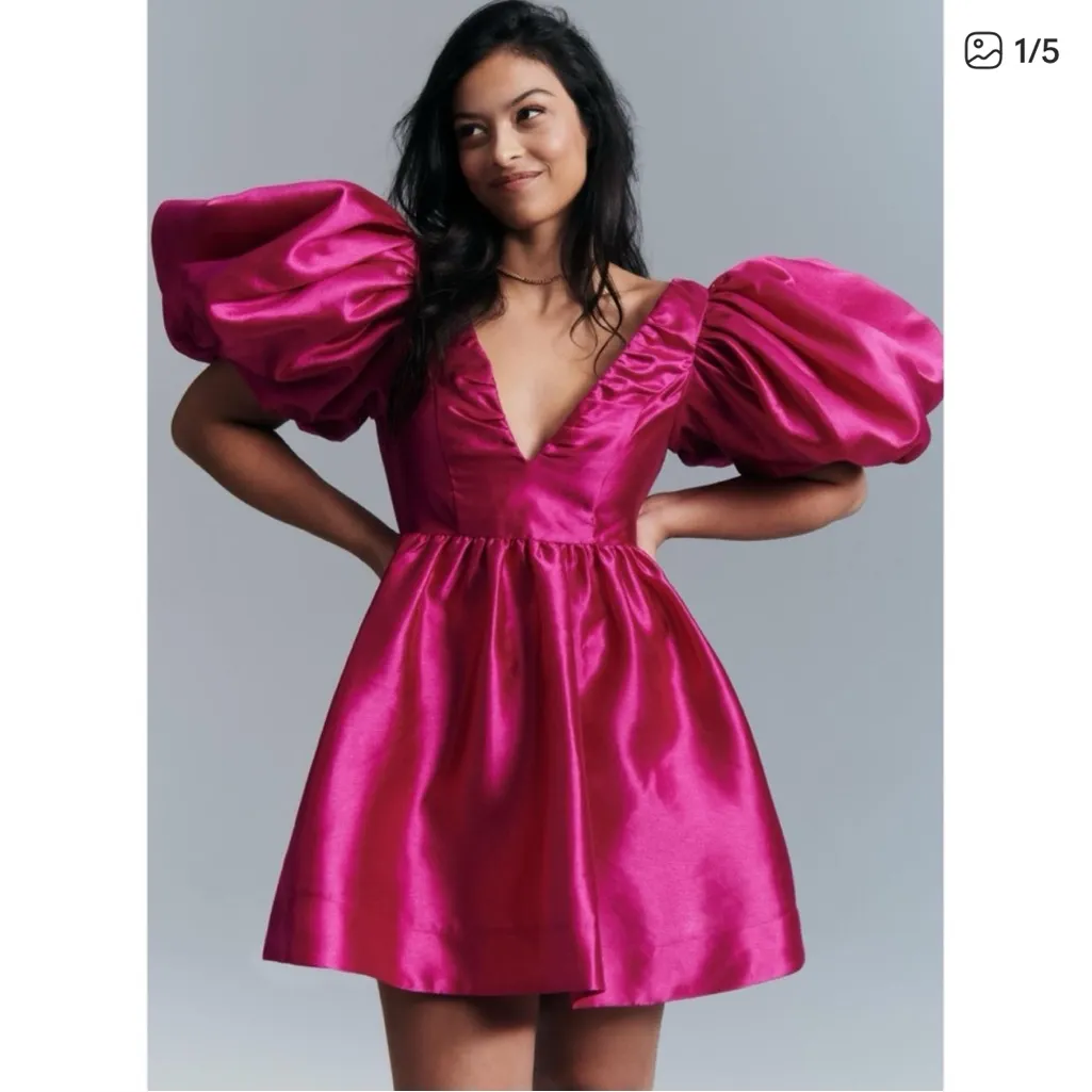 Aureta Vibrant Pink Puff Sleeve Mini Dress Valentine’s Day - Image 3