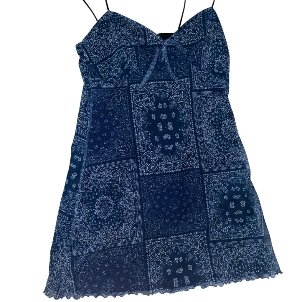 Urban Outfitters Elodie Bandana Print Mesh Mini Dress Blue Paisley slip Dress - Image 6