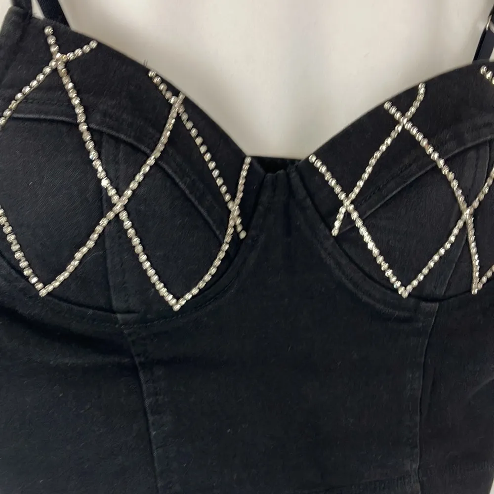 Haute Monde black denim rhinestones cropped top woman’s size medium - Image 3