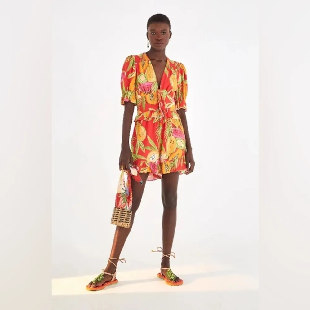 FARM RIO linen romper papaya fruits watermelon colorful beaded ruffle playsuit Red Size L - Image 12