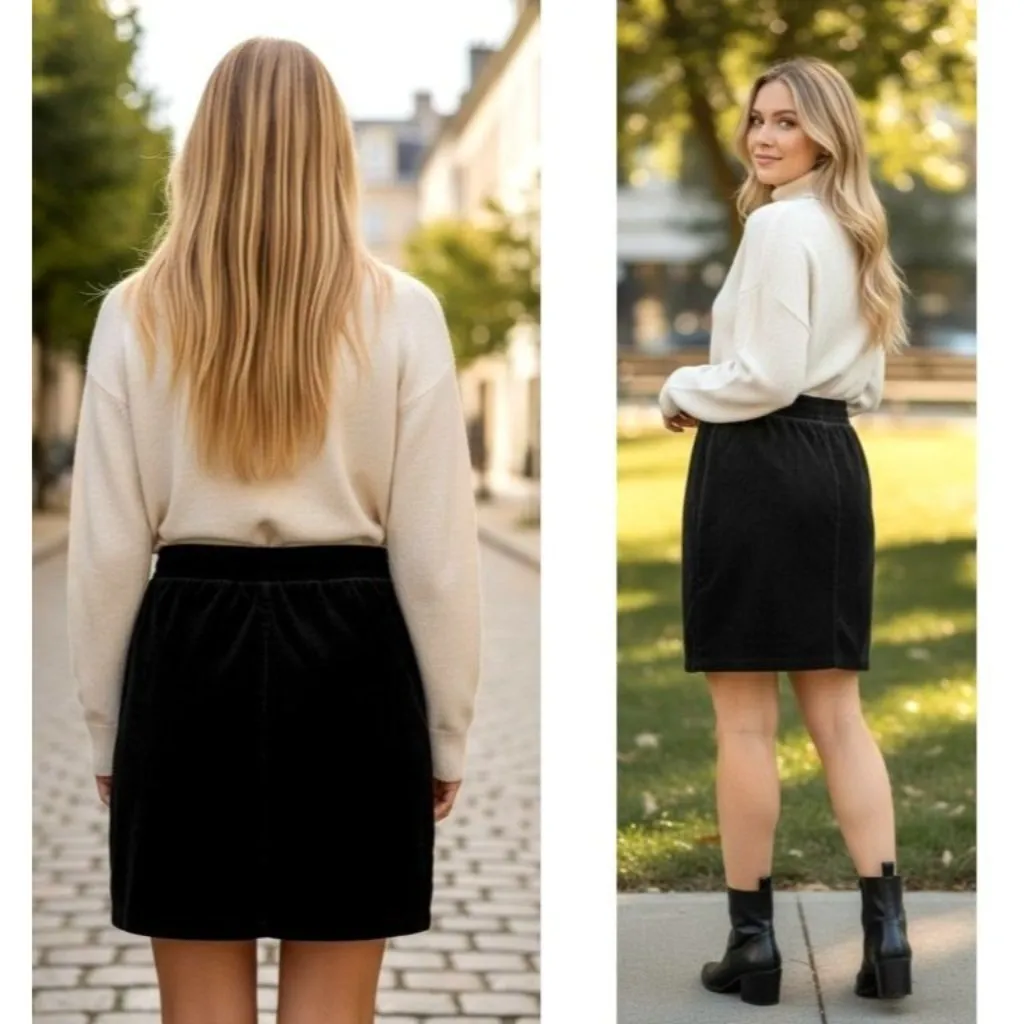 Lands End Black Corduroy Skirt Medium 10-12 Elastic Stretch Waist Work School - Image 3