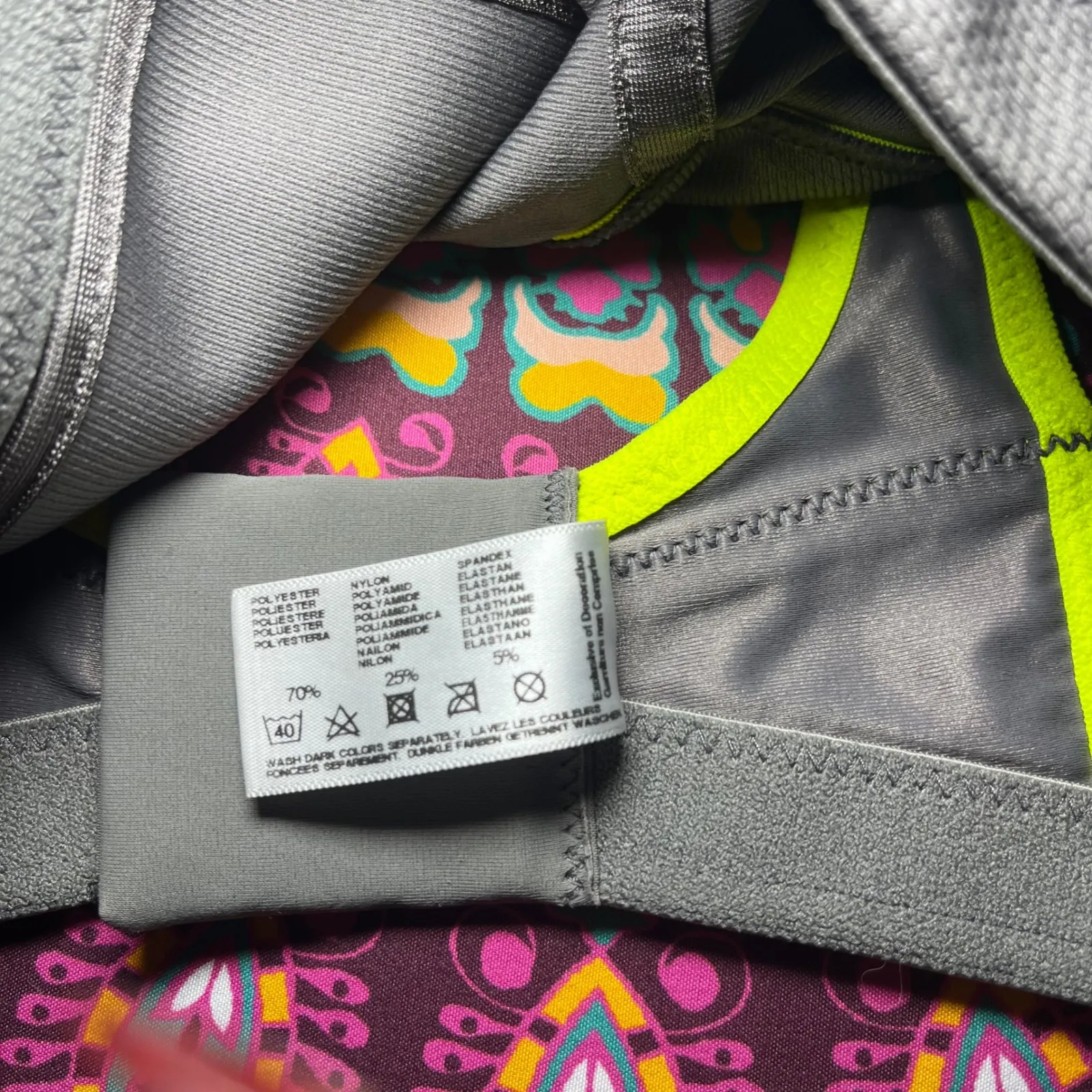 Glamorise Sport Bra Gray Neon Yellow Full Support Wireless Racerback Size 36DD - Image 6