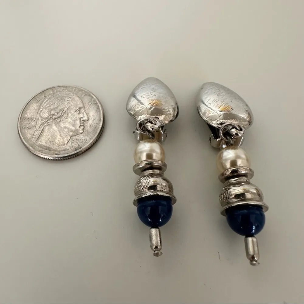 Vintage Silver Tone Clip On Drop Earrings with Pearl and Cobalt Accents - Image 3