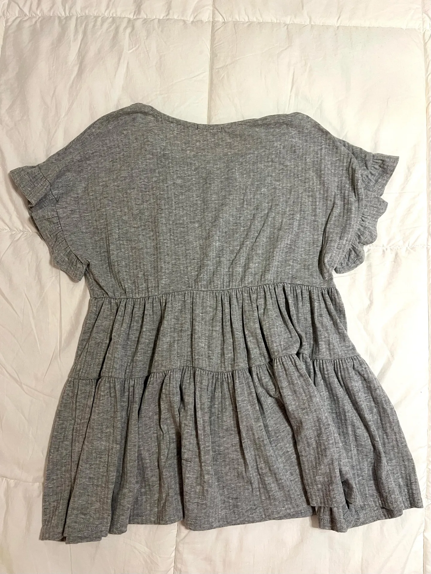 Grey Ribbed Pleated Ruffle Sleeve Top - Image 2