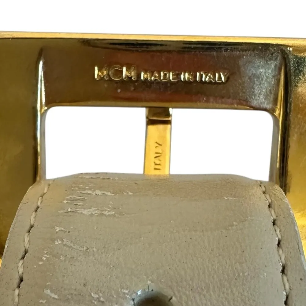 MCM Harken Leather Belt Classic Taupe Neutral Gold Embossed Buckle Size M/L - Image 6