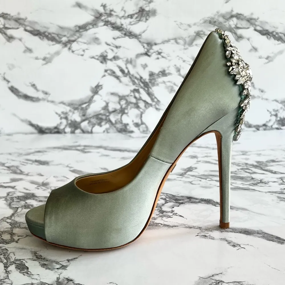 Badgley Mischka Kiara Heels Mint Green Crystal Satin Platform Pumps 7 Stilettos - Image 9