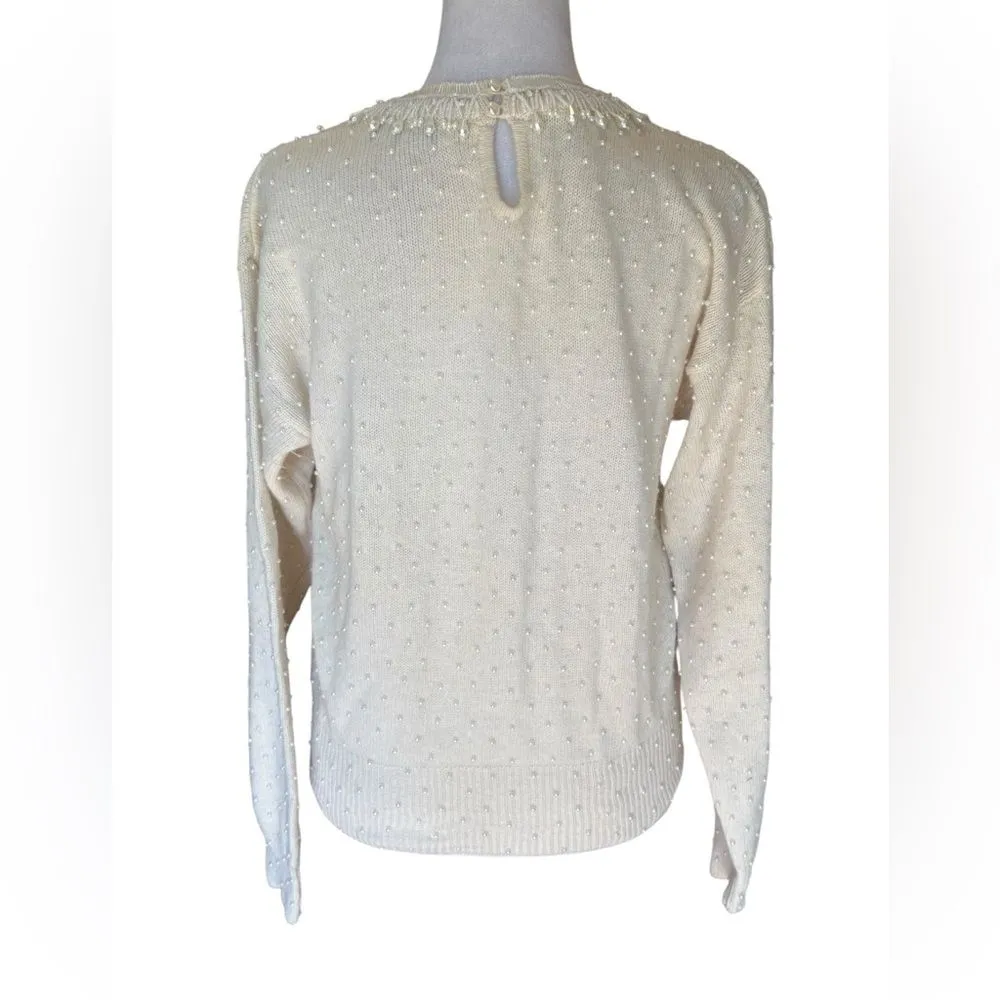 Valerie Stevens Vintage Sweater Cream Wool Pearl Beaded Fringe Neckline Small - Image 2