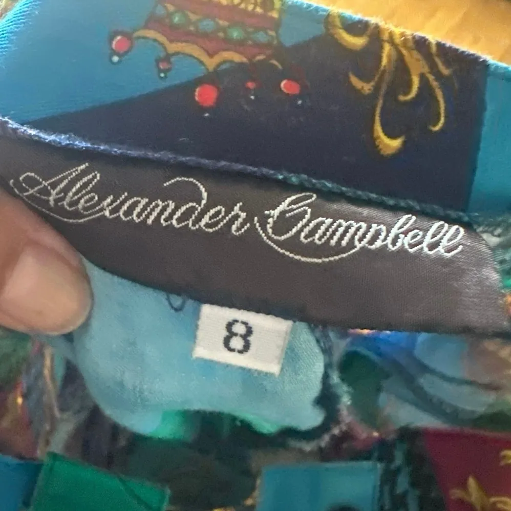 Alexander Campbell Vintage Printed Pants – Bold Regal Patchwork Design Blue Size 8 - Image 5