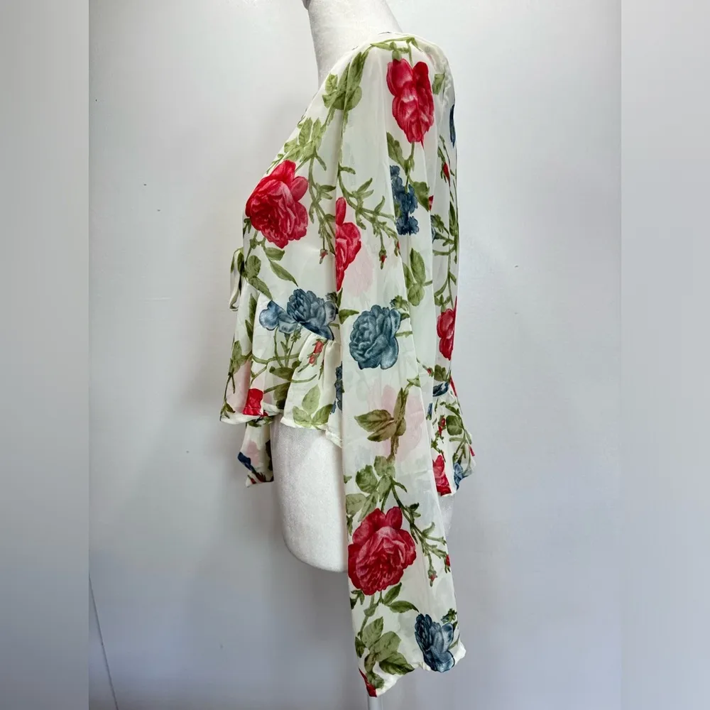 Sheer Floral Ruffle Hem Long Sleeve Tie Front Shrug Small - Image 6