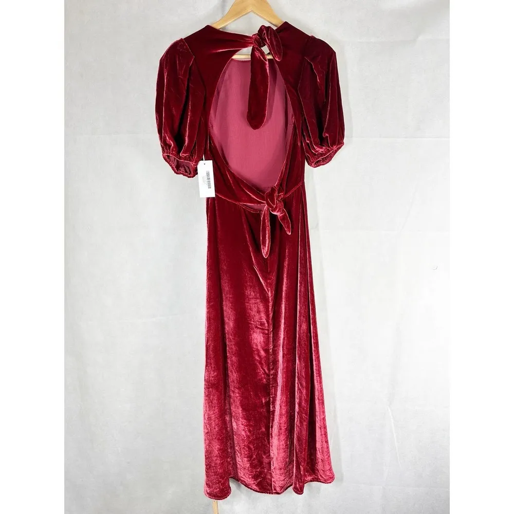 REFORMATION Livia Velvet Silk Dress Puff Sleeves Crimson Red Size 0 - Image 2