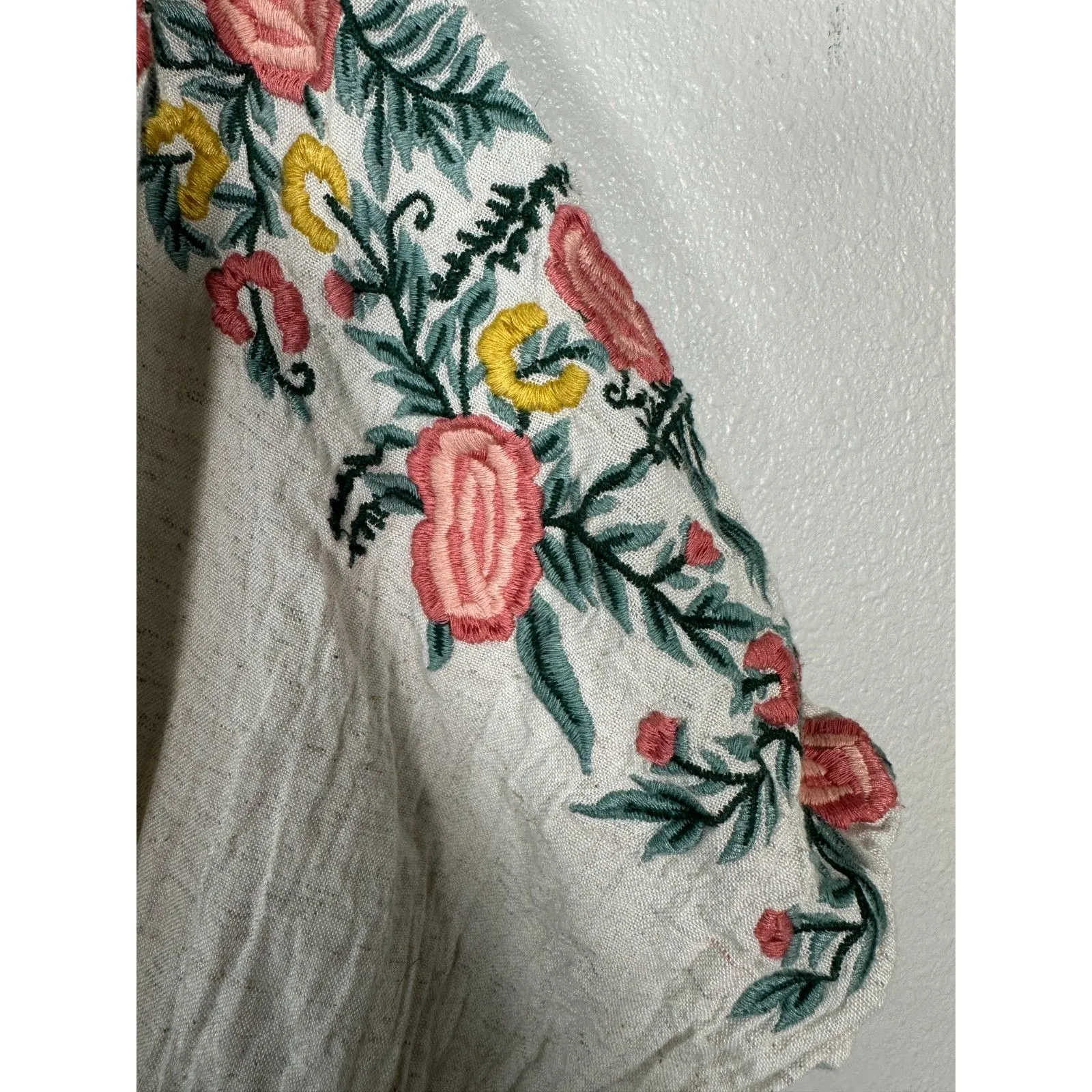 World Market Mira Ivory Floral Embroidered Kaftan Dress Flowy Boho Small Medium - Image 7