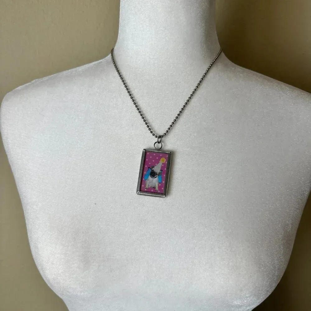 Pug in Hat Silver Frame Necklace Pendant Charm Beaded Chain - Image 4