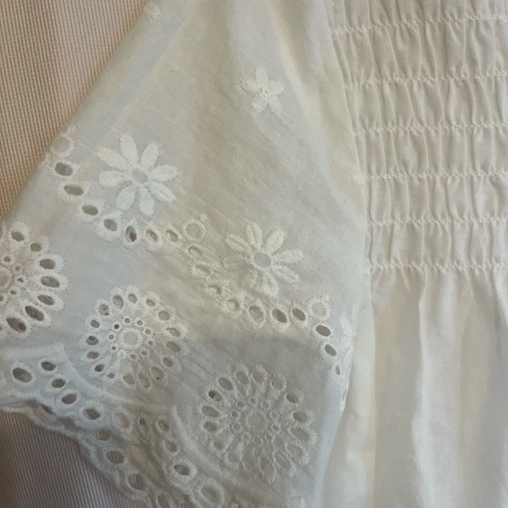 Cream Smocked Short Sleeve Blouse with Bib Collar White - Image 3