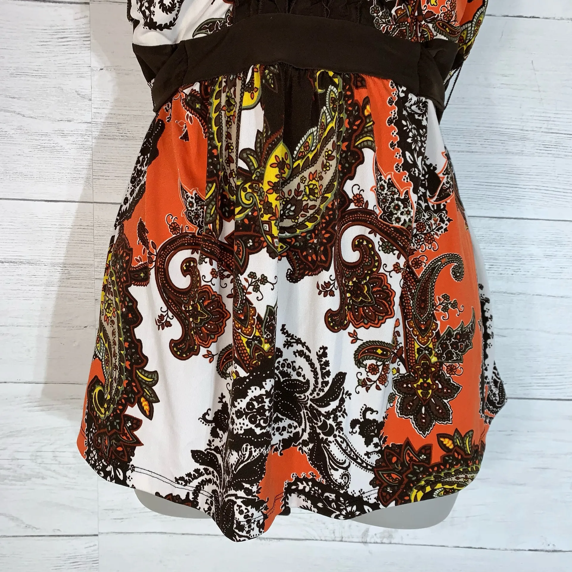 Vintage Y2K 90s Cato Tank Top M Babydoll Empire Waist Ruffle Paisley Orange READ - Image 5