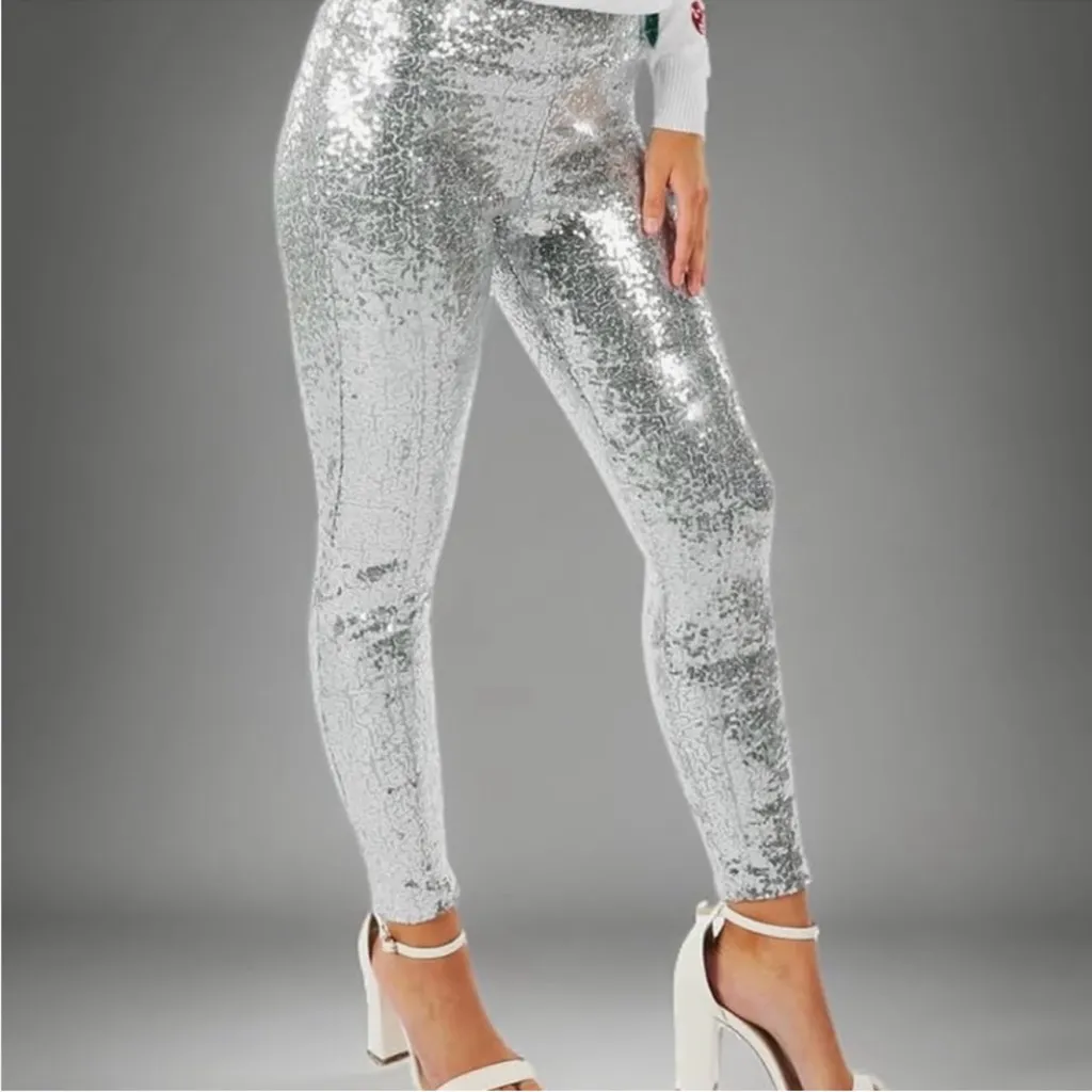 Tipsy Elves Sequin High Waisted Leggings - Silver - L - Image 3