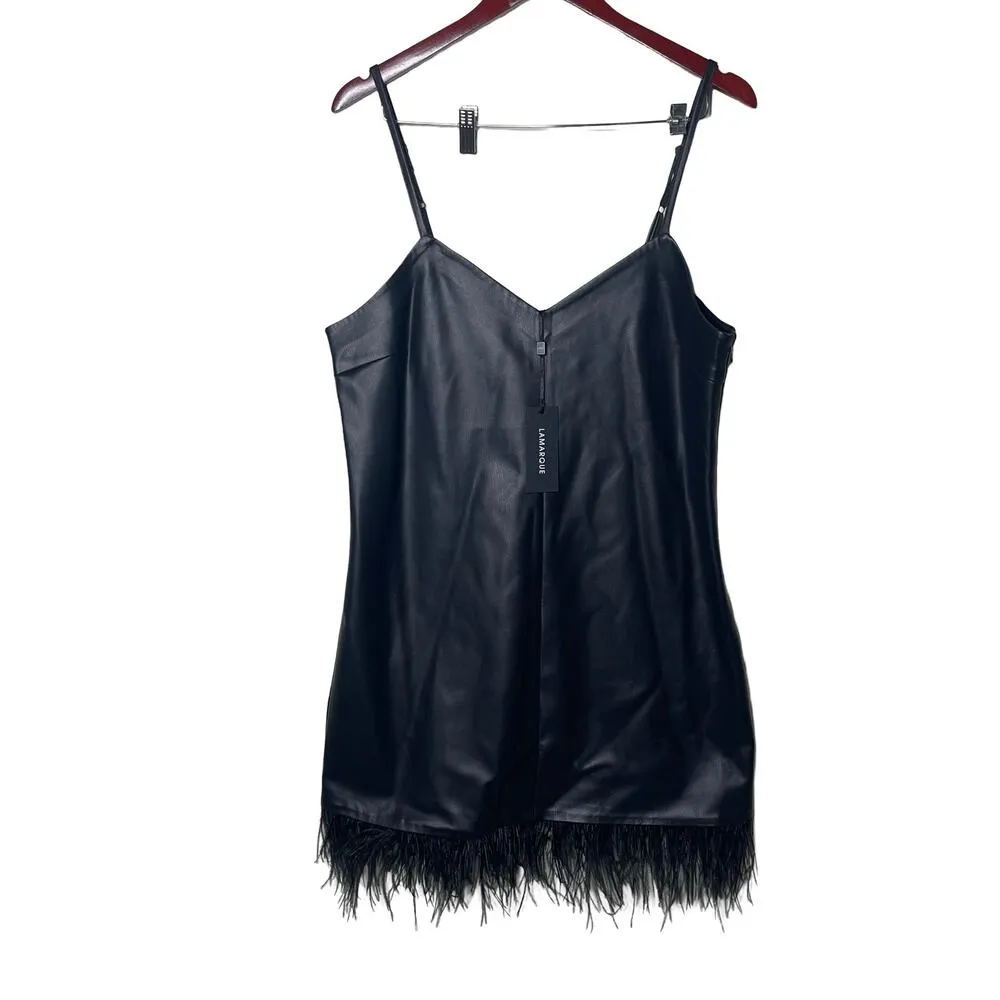 NWT LAMARQUE Mollie mini dress features vegan leather & feather trim sz L Black Size L - Image 2