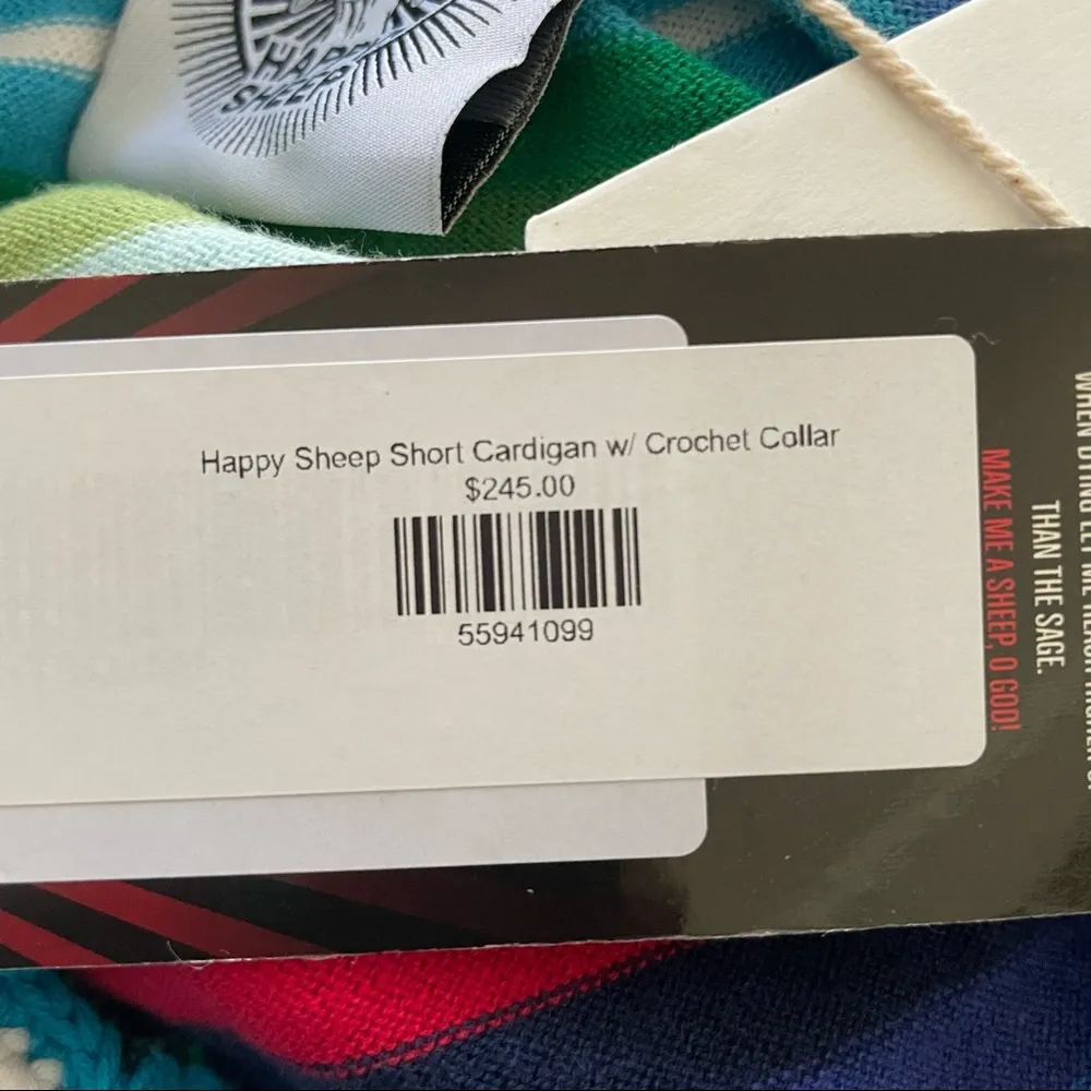 NWT Happy Sheep Rainbow Blue Striped Cardigan Crochet Detail Size Small - Image 8