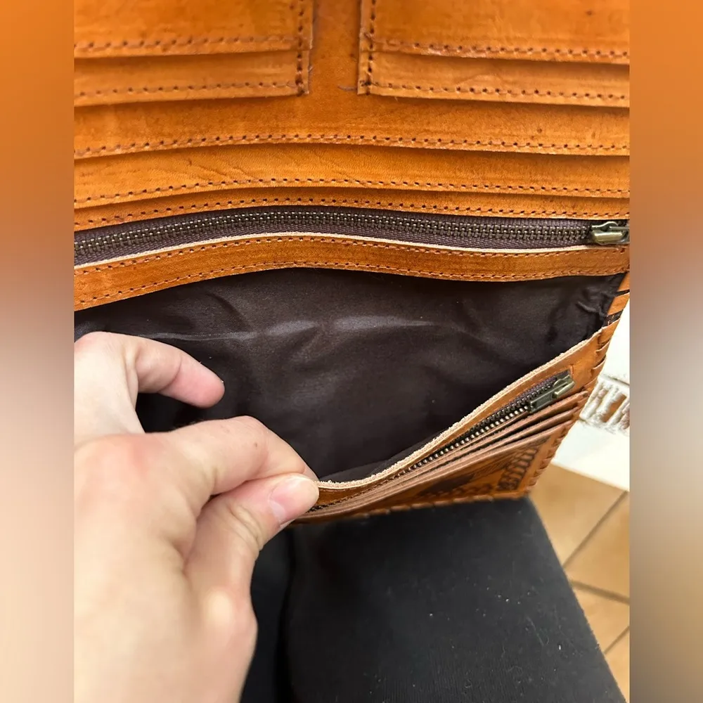 Tooled embellished turquoise stone leather wallet with dream catcher feather Brown - Image 6