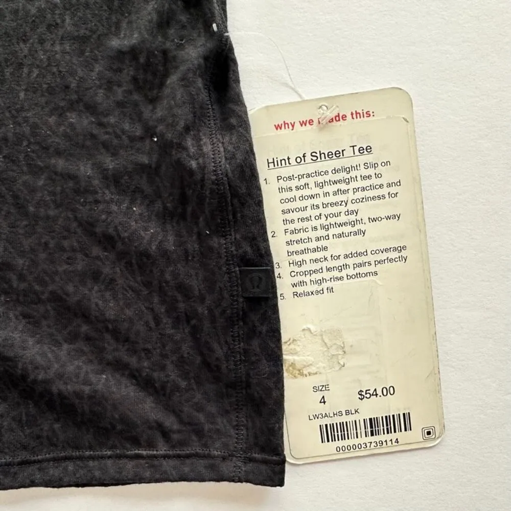 Lululemon Hint of Sheer Tee Black Size 4 NEW Short Sleeve Crop Top Tee Comfort - Image 3