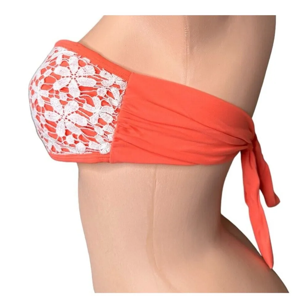Aerie Coral Orange Floral Crochet Bandeau Strapless Swim Bikini Top Size Small - Image 3