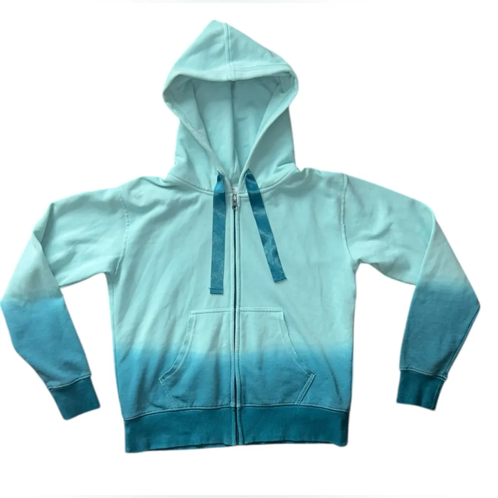 Hanes Luxe Collection Ombre Zip Hoodie Teal Blue Satin Ribbon Ties Size S - Image 3
