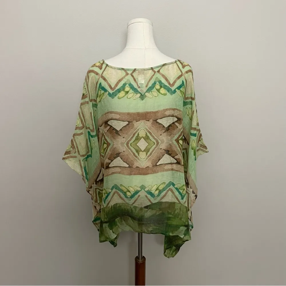 Chicos Poncho 100% Linen Aztec Western Geometric Art To Wear Lightweight Green - Image 9