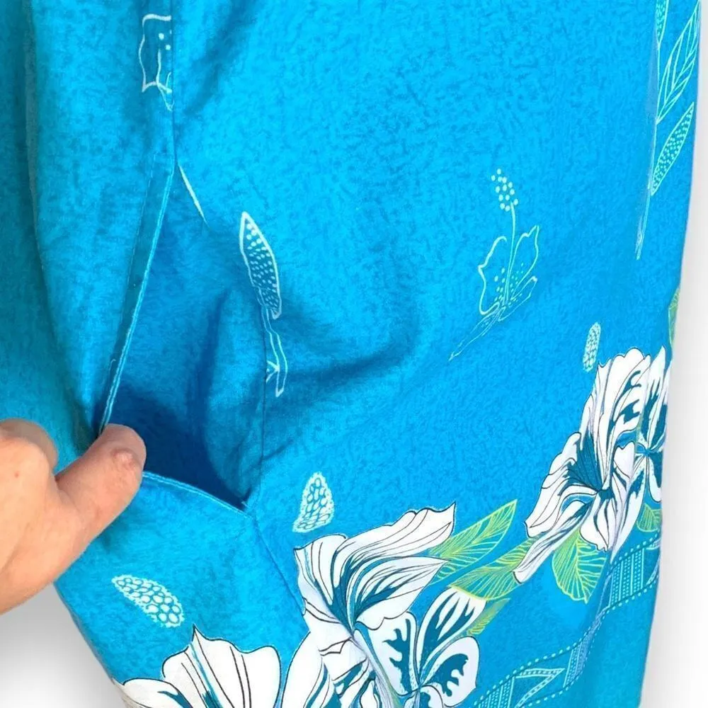 Vintage Anthony Richards Dress MuuMuu Cerulean Blue Tropical Print Flower Detail Size M - Image 5