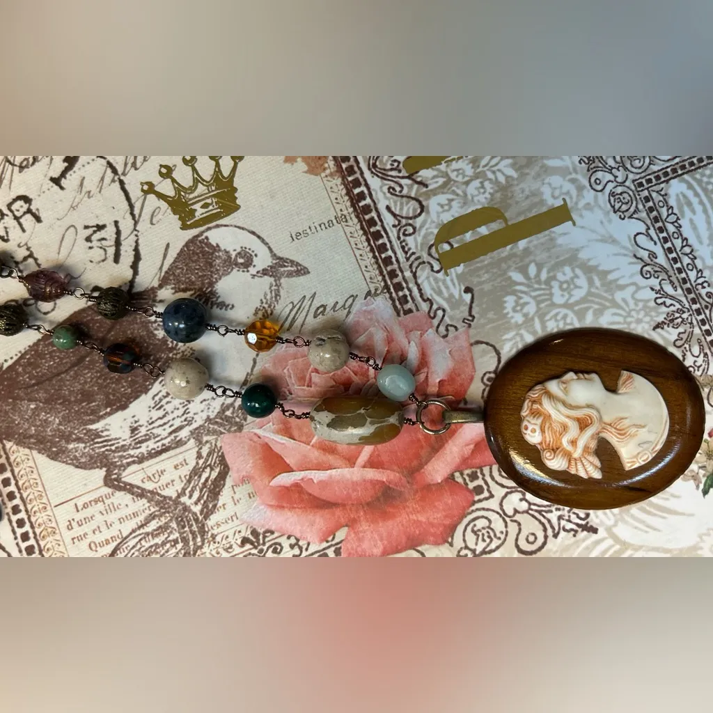 Hand Crafted Vintage Wood Came Necklace with pearls and gem beads Brown - Image 2