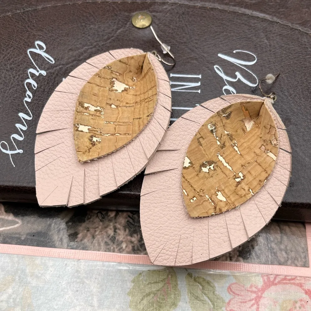 Oversized Handmade Pink Leather Feather Layered Bohemian Dangle Earrings - Image 3