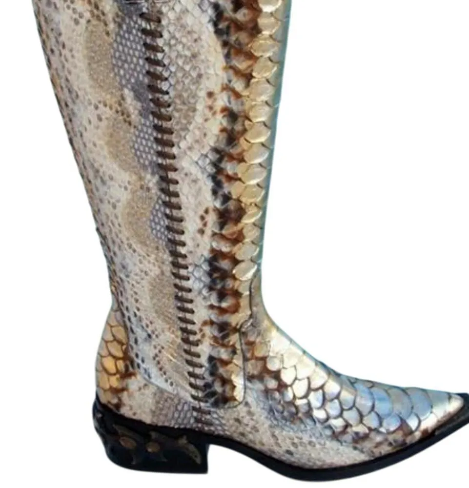 Donald Pliner Western Hand Painted Python Metallic Leather Boot Shoe NIB $1500 Gold Size 5 - Image 5