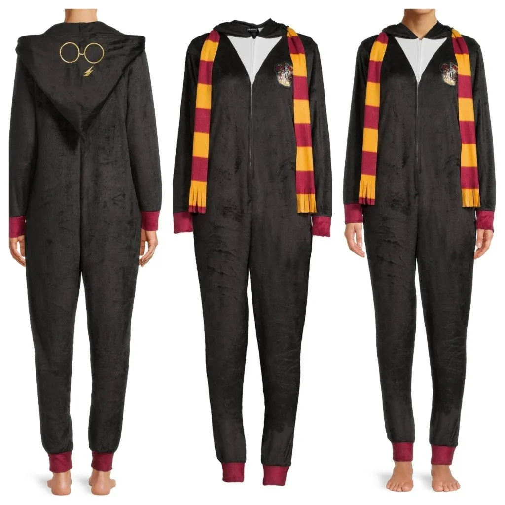 Harry Potter Women’s Hooded Union Suit Pajamas | Fleece Size Large Black - Image 2