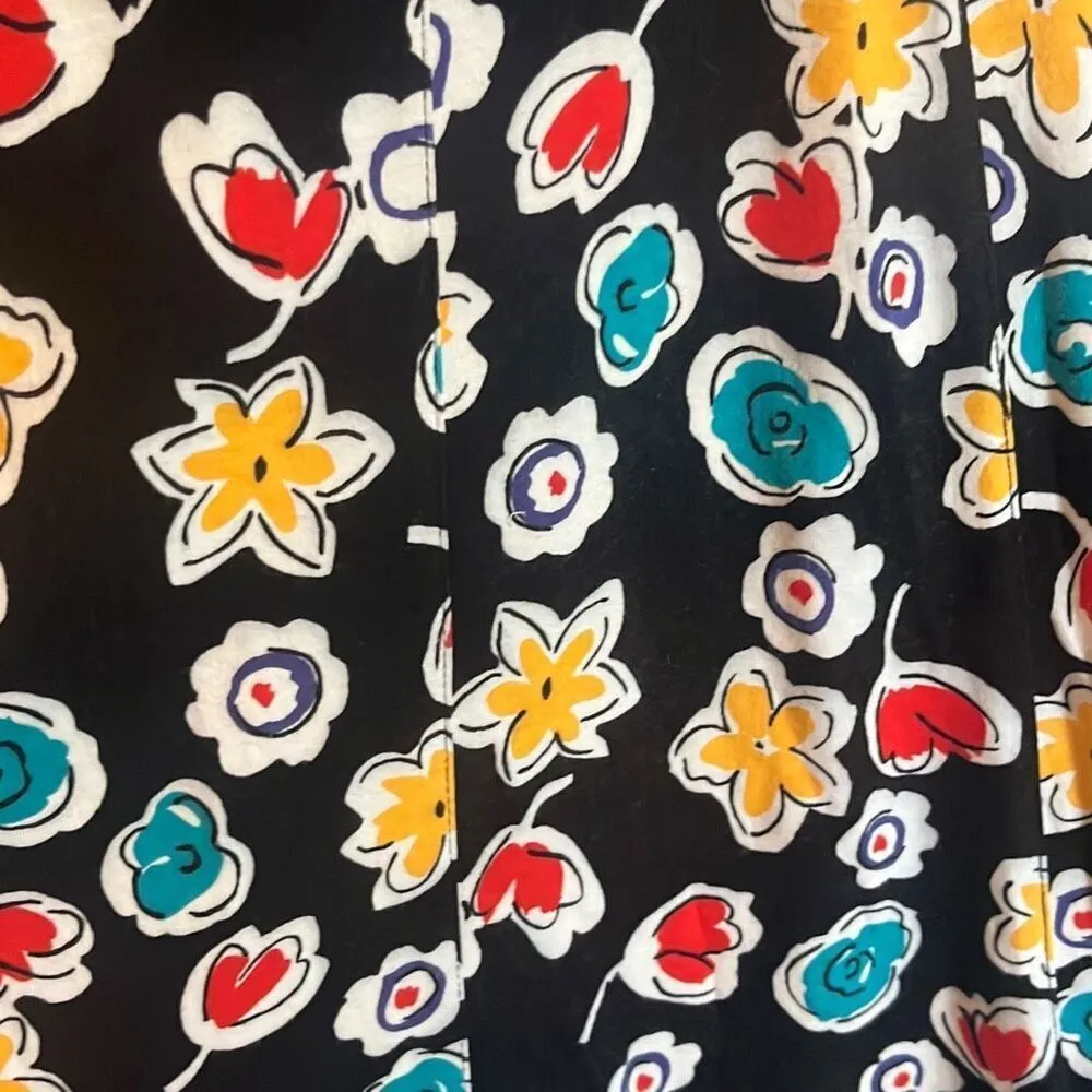 Joan Leslie Vintage Red Yellow Blue Floral Fit N Flare Midi Dress 4 Gold Buttons Black - Image 5