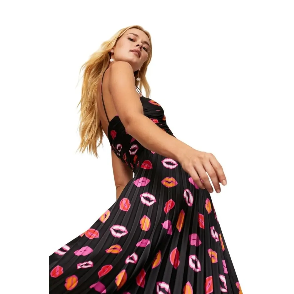 Amur Afra Pleated Lip-Print Satin A-Line Dress, Sweetheart Neckline - Image 3