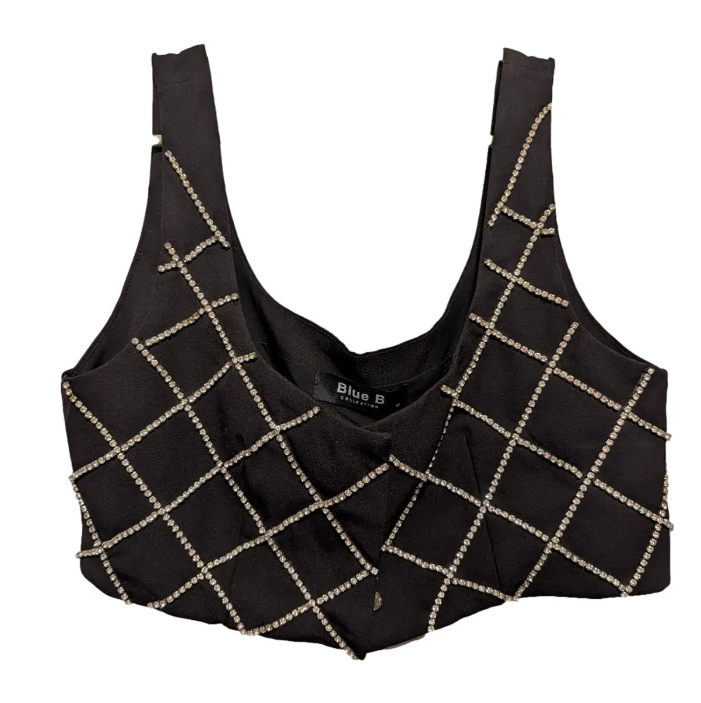 NWT Blue B Rhinestone Studded Crop Vest Top Small Edgy Concert Western Party Black - Image 2