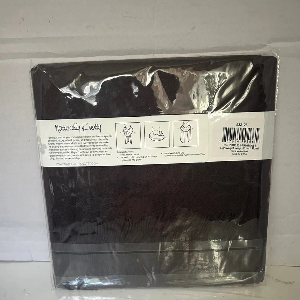 Naturally knotty 100% Merino Wool Scarf Wrap Chocolate Dark Brown Fringed - Image 2