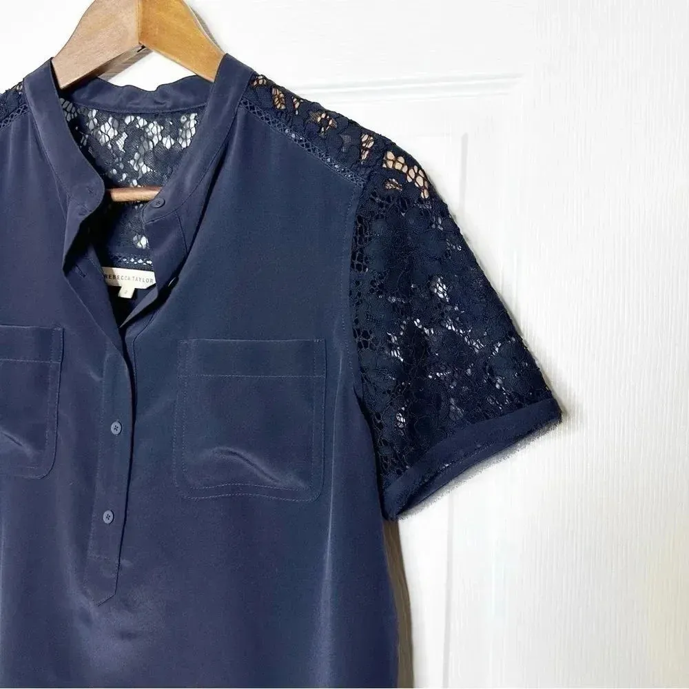 REBECCA TAYLOR 100% Silk Dark Blue Navy Crop Top Lace‎ Short Sleeve Size 2 - Image 3