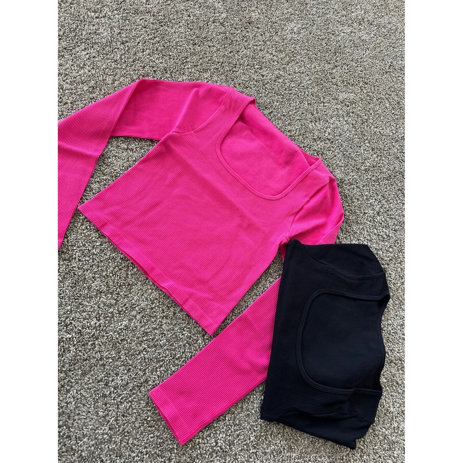 OQQ Ribbed Square Neck Long Sleeve Crop Top Set Activewear‎ Athleisure L Pink Size L - Image 3