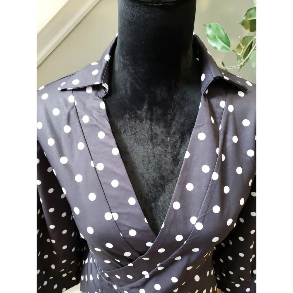 Zara Blouse Women XL Black White Polka Dot Wrap Top 3 4 Sleeve Dressy Shirt - Image 6