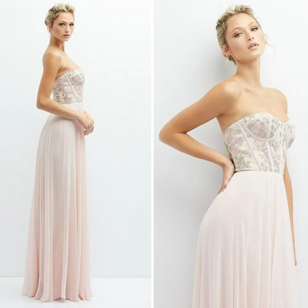 Dessy Collection Strapless Floral Embroidered Corset Maxi Dress Size 16 Pink - Image 5