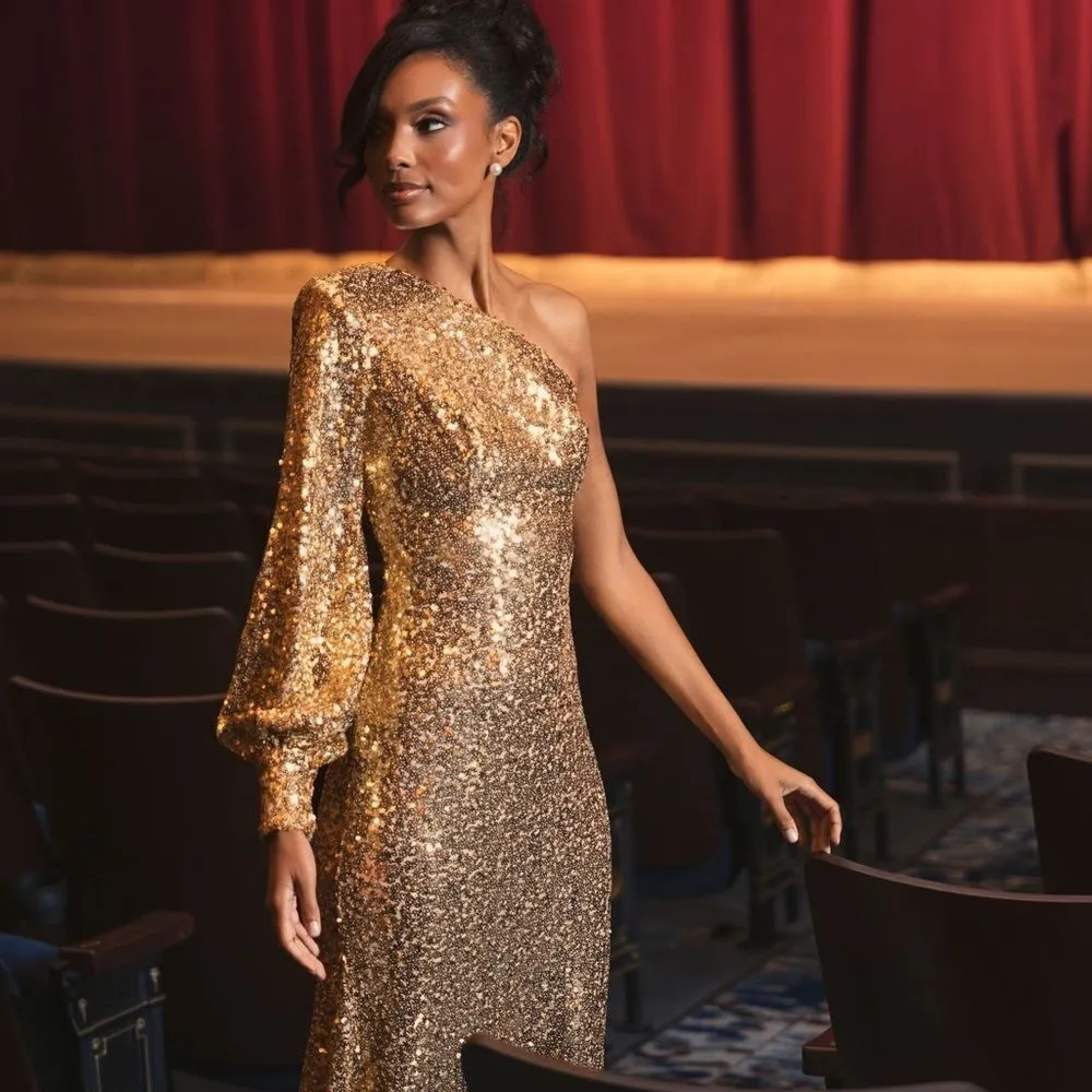 Mac Duggal 26717 SEQUINED ONE SHOULDER BISHOP SLEEVE TRUMPET GOWN - Image 2