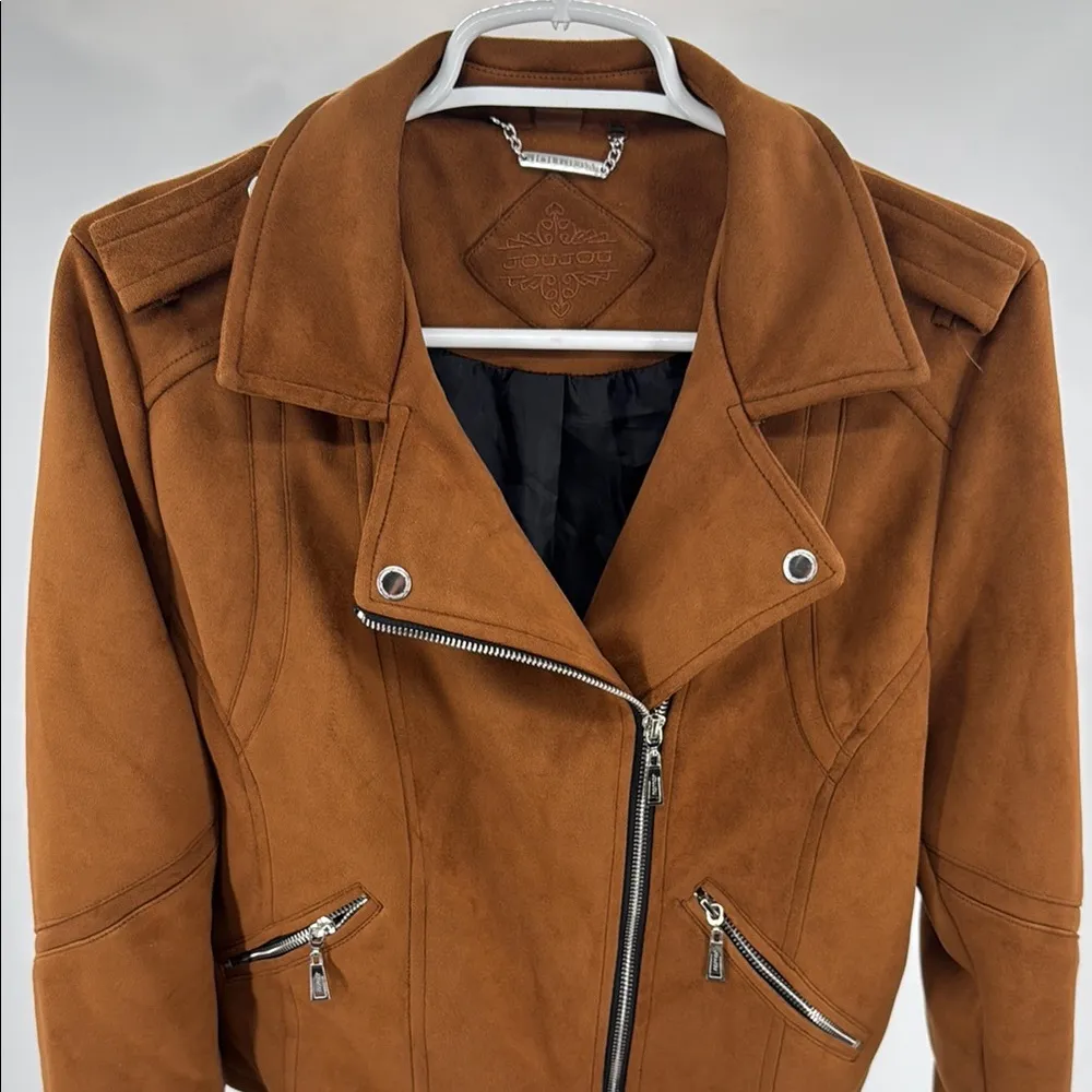 Jou Jou Brown faux Leather suede Jacket waist length Zipper Details moto L fall Size L - Image 3