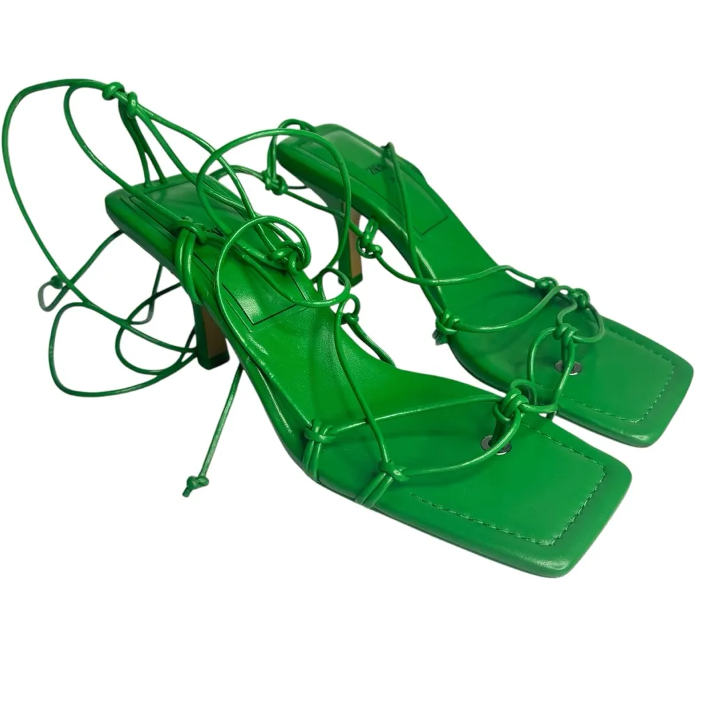 ZARA TIE STRAP HEELED SANDALS Faux Leather Strappy Ankle Lace Up‎ US 7.5 EU 38 - Image 2