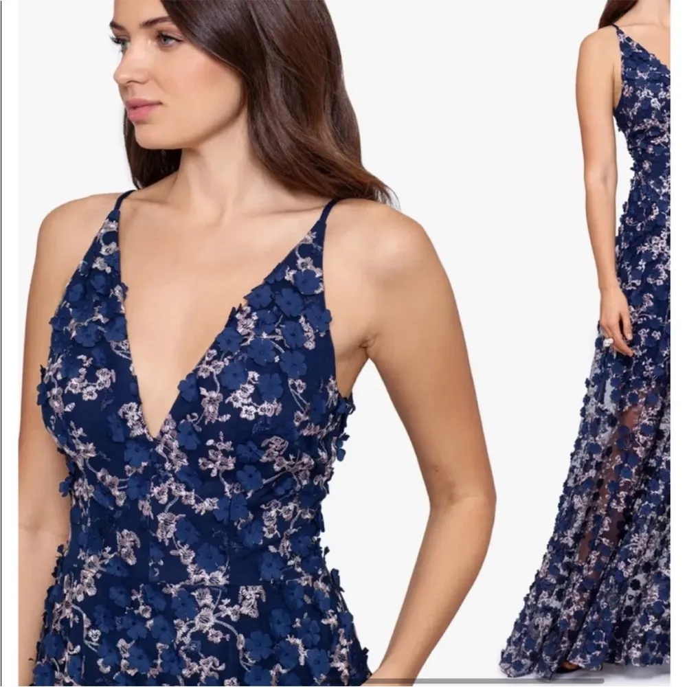 Xscape Floral Lace Navy Dress - Image 2