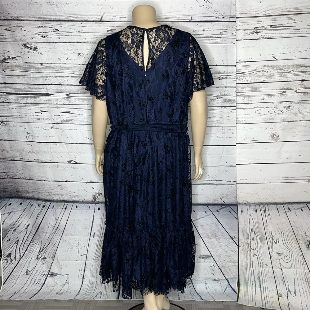 Lane Bryant NWT Sz 26 Blue Lace - Black Floral Flocked Velvet Dress w/ Tie Belt - Image 4